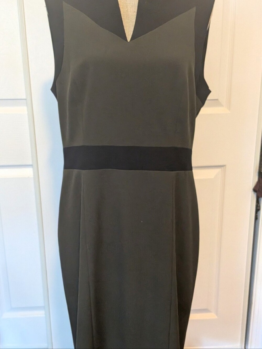 Sleeveless Olive Green Sheath Dress with Black Accents